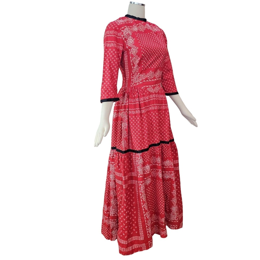 Vintage 1970s Dress Maxi Floor Length Red White Americana Handkerchief